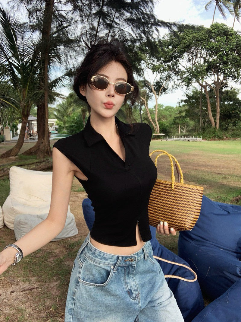 Na+ 時髦不插電 老錢polo領雙拉鏈背心 黑