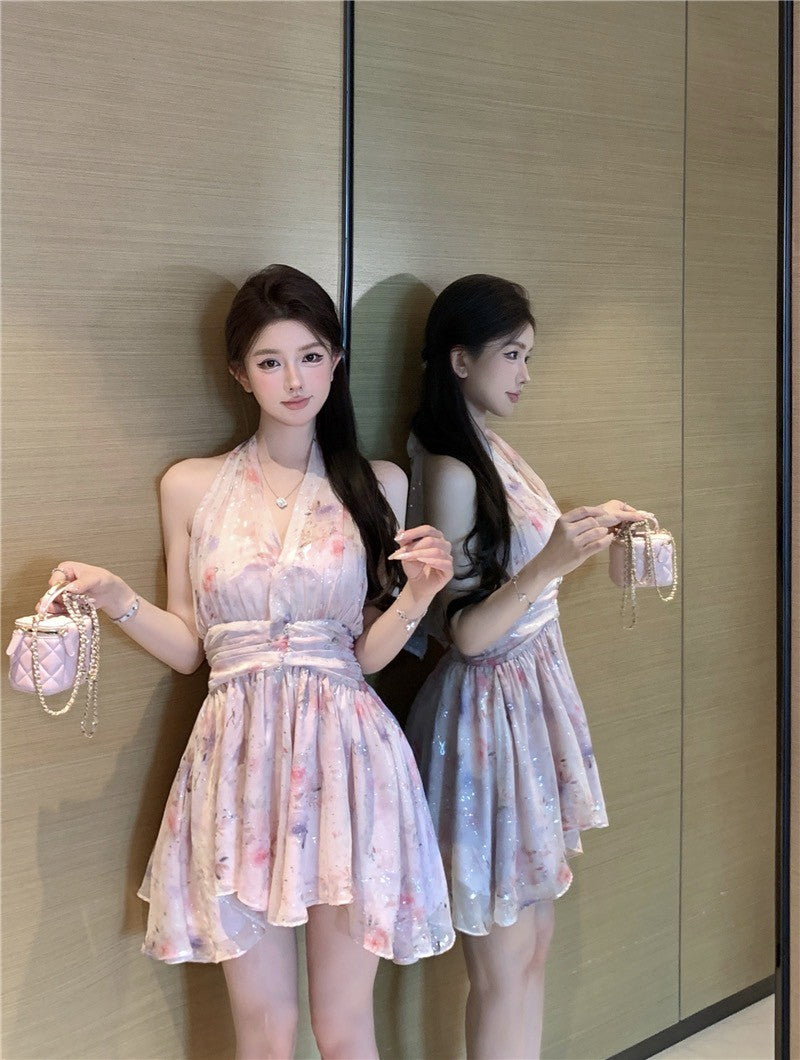 Na+ 氣質名媛 V領掛脖式花藝打攬裙