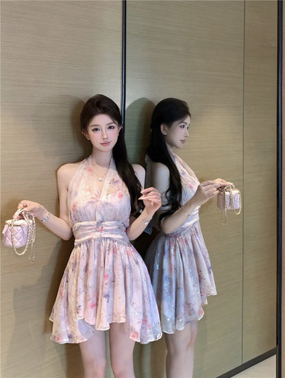 Na+ 氣質名媛 V領掛脖式花藝打攬裙