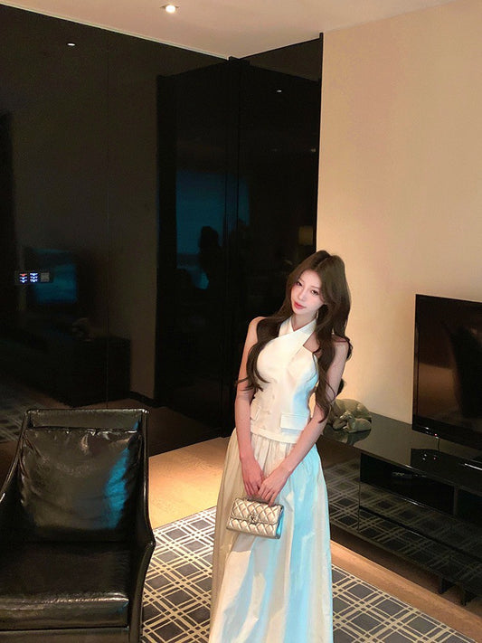 NA+ 古典希臘女神交叉法式收腰連身裙 白