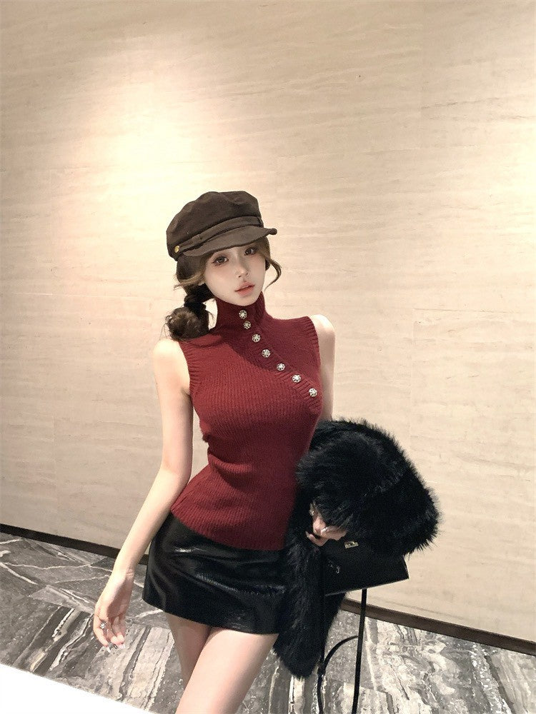 NA+ 香肩美人寶石釦針織高領背心 紅/杏