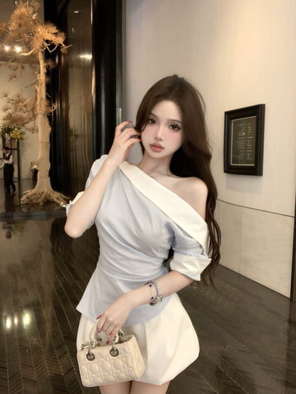 NA+ 通勤斜肩拼色條紋襯衫 白色花苞褲