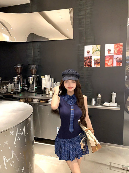 NA+ 緋聞女友復古格紋百褶拼接連身裙 藍