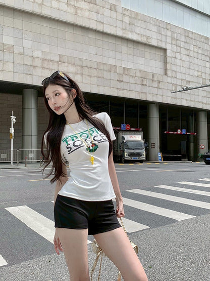 ''Na+''美式玩家 正肩後背縷空印花上衣 白/灰