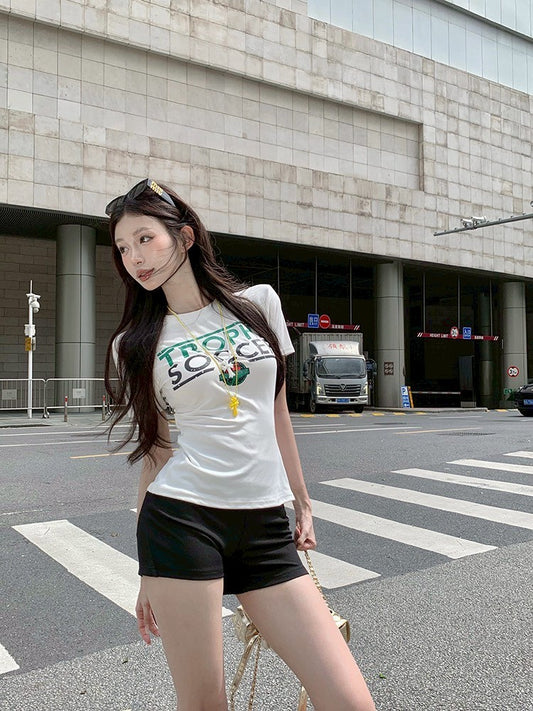 ''Na+''美式玩家 正肩後背縷空印花上衣 白/灰