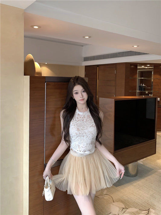 NA+ 氣質鉤花蕾絲背心 網紗蓬蓬半身裙