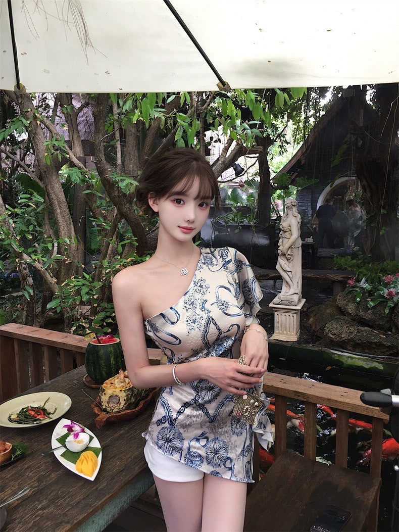 NA+ 古董千金矜貴印花斜領連身裙