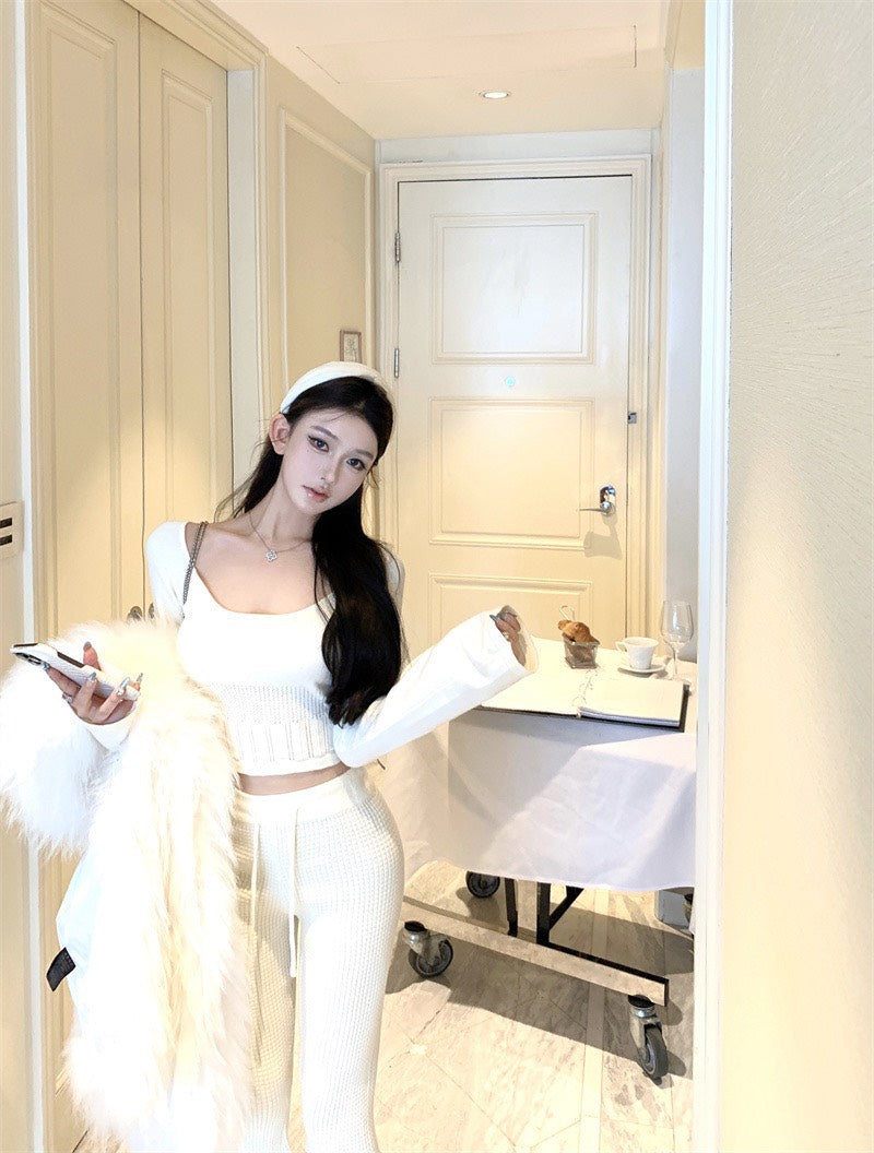 NA+ 韓系人 時髦針織修身喇叭袖上衣/休閒褲  杏