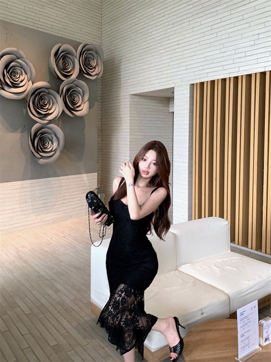 NA+ 頂流名媛性感蕾絲魚尾連身裙 黑