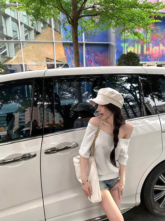 NA+ 航海日誌多穿寬鬆領條紋上衣 白條/藏青