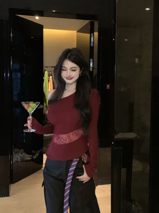 NA+ 辣妹半截縷空拼接露背綁帶上衣 紅/黑