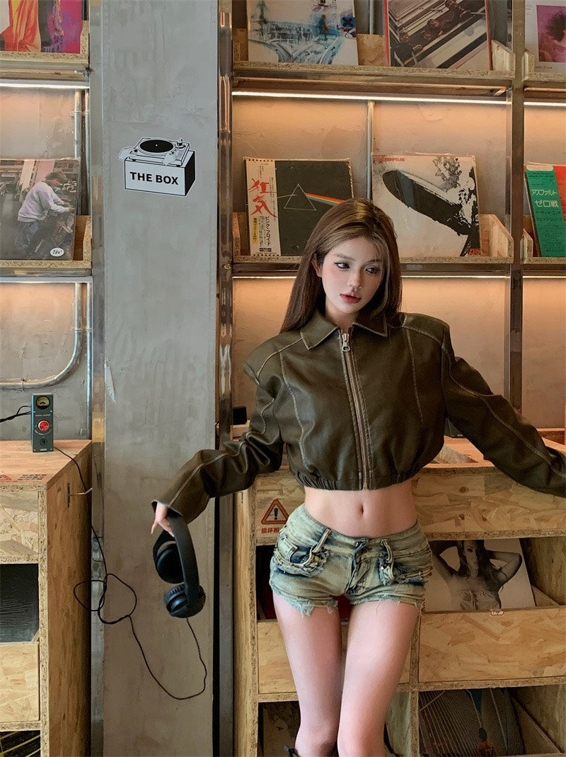 NA+ 皮衣辣妹 重磅短款復古皮外套 咖/黑