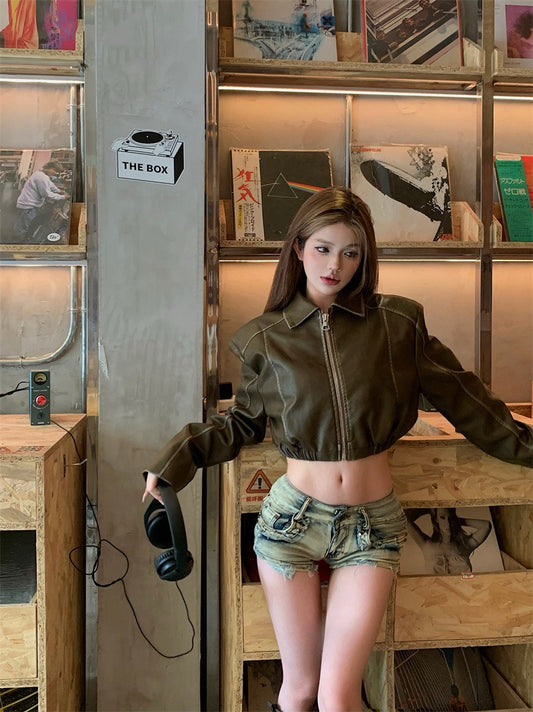 NA+ 皮衣辣妹 重磅短款復古皮外套 咖/黑