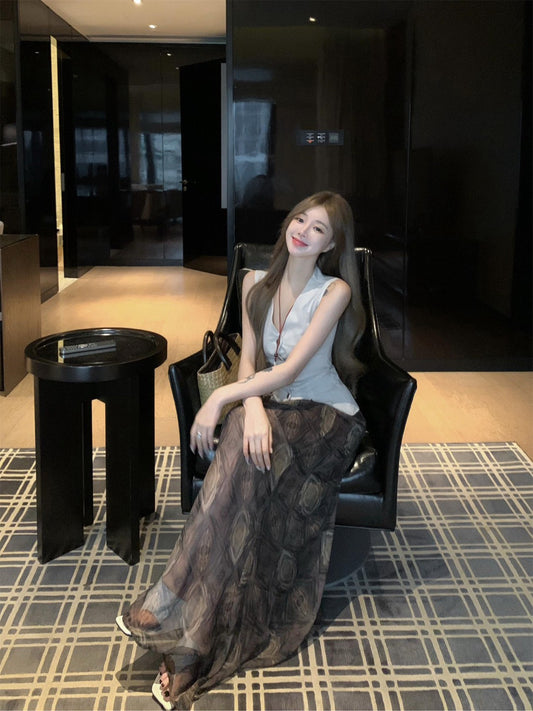 NA+ 復古V領收腰排扣馬甲 印花雪紡裙