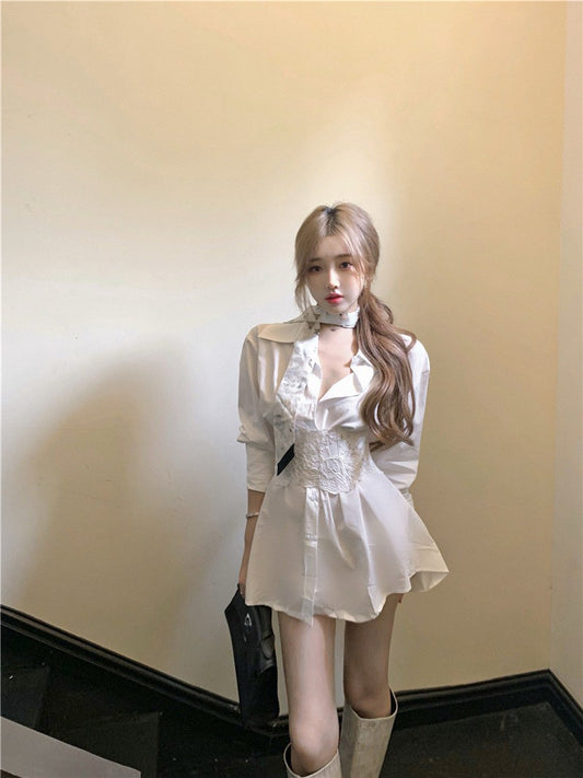 NA+ 氣質歸屬蕾絲腰封收腰襯衫裙 白