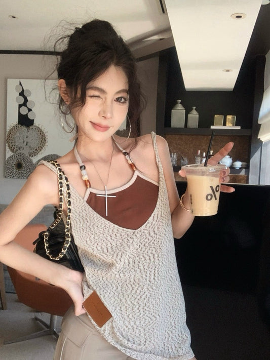 NA+ 時髦辣妹串珠度假風背心 V領花紗綁帶罩衫