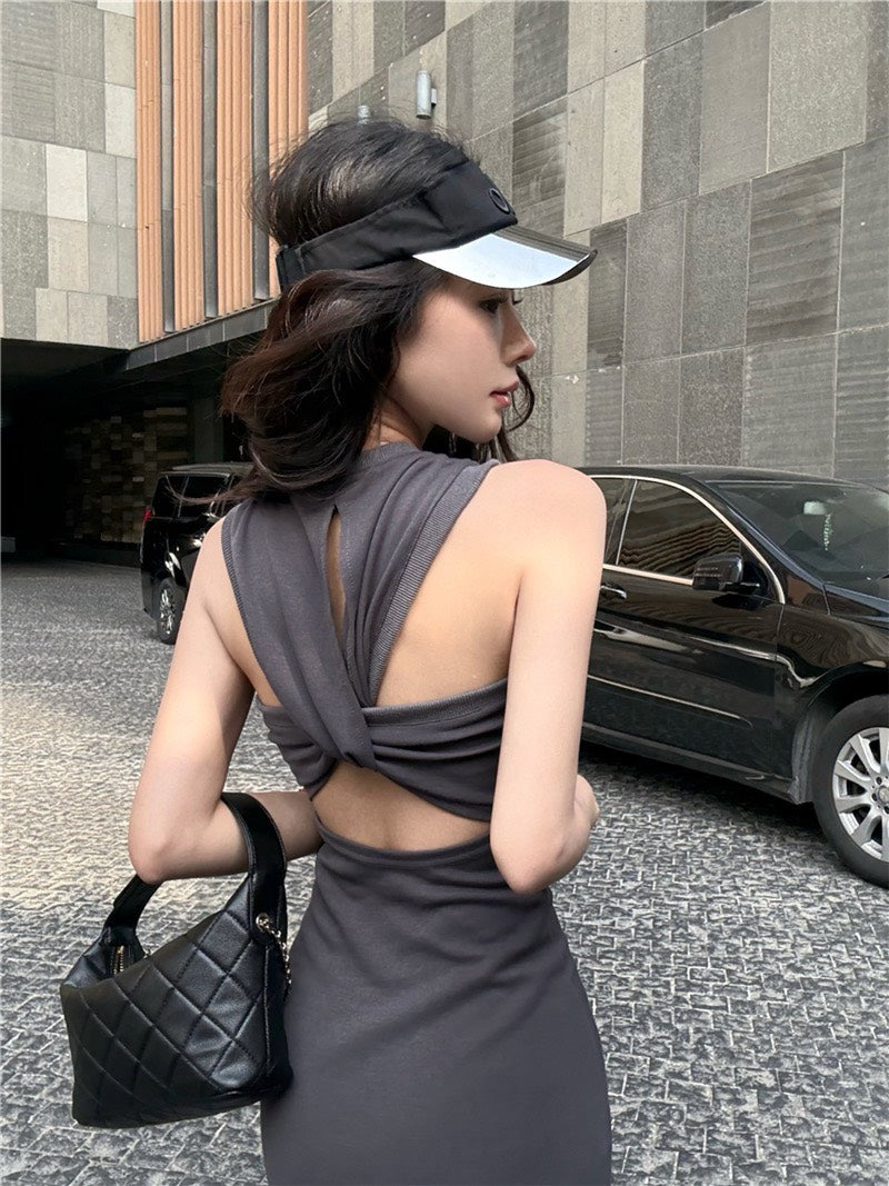 NA+ 舒適通勤歐美收腰美背連身裙 灰