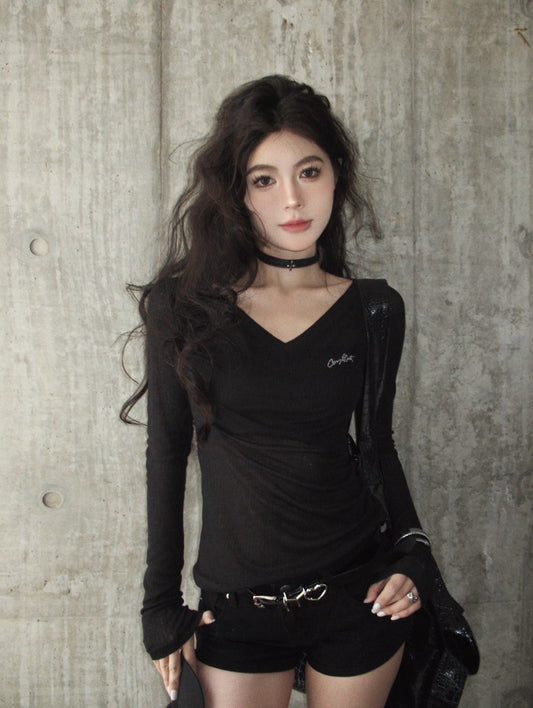 NA+ 火辣單品透視感燙鑽長袖打底 黑