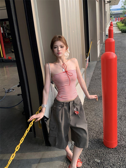 NA+ 美式口袋工裝5分褲/條紋抹胸