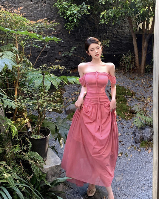 NA+ 舞蹈生桃粉打攬收腰百褶連身裙