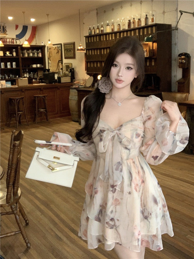 Na+ 甜美法式方領顯瘦碎花連衣裙 杏 兩款長度