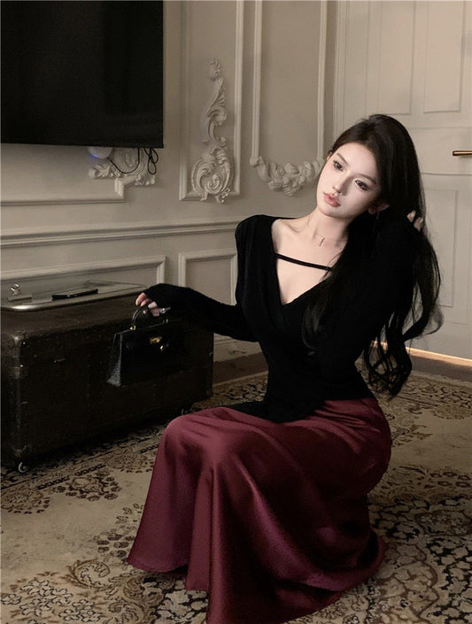 NA+ 復古女伶優雅V領開叉上衣 魚尾酒紅緞面裙