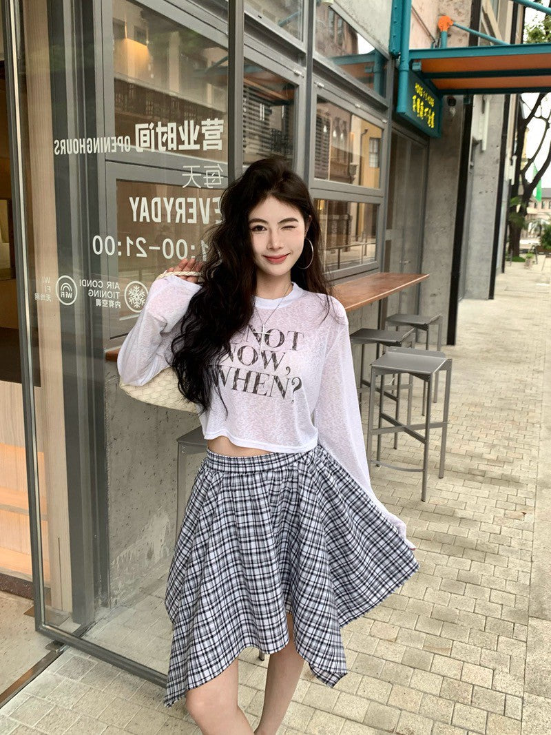 NA+ 百搭休閒空調雪花棉上衣 白/黑 不規則格紋半身裙 黑