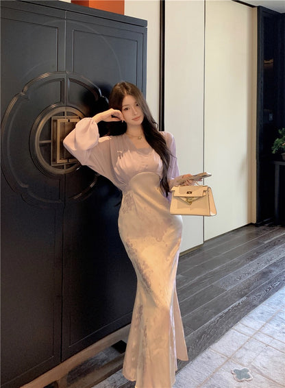 NA+ 古典系美人復古緞面印花拼接連身裙 紫