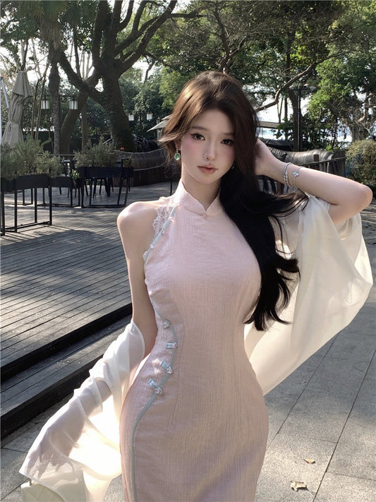 Na+ 微醺小館 復古夜上海改良式旗袍洋裝 淡粉