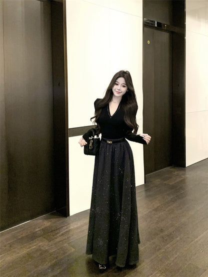 NA+ 輕奢復古修身上衣 燙鑽大裙擺半身裙 黑