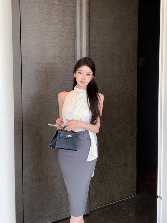 NA+ 「主播妍珍」氣質韓系飄帶米白色背心 高腰西裝開叉半身裙