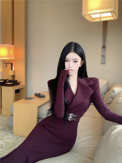 NA+ 性感掐腰西裝式V領收腰魚尾連身裙 紫/黑