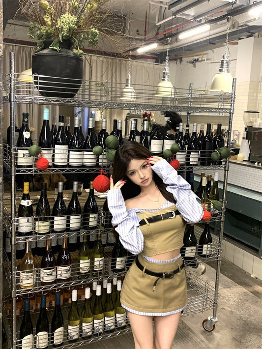 NA+ 拼接碰撞 一字領條紋工裝上衣/半身裙