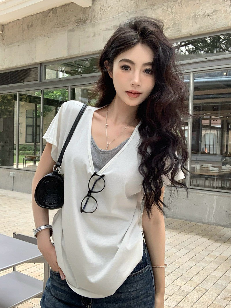 NA+ 寬鬆假兩件慵懶雪花棉T恤 白/灰