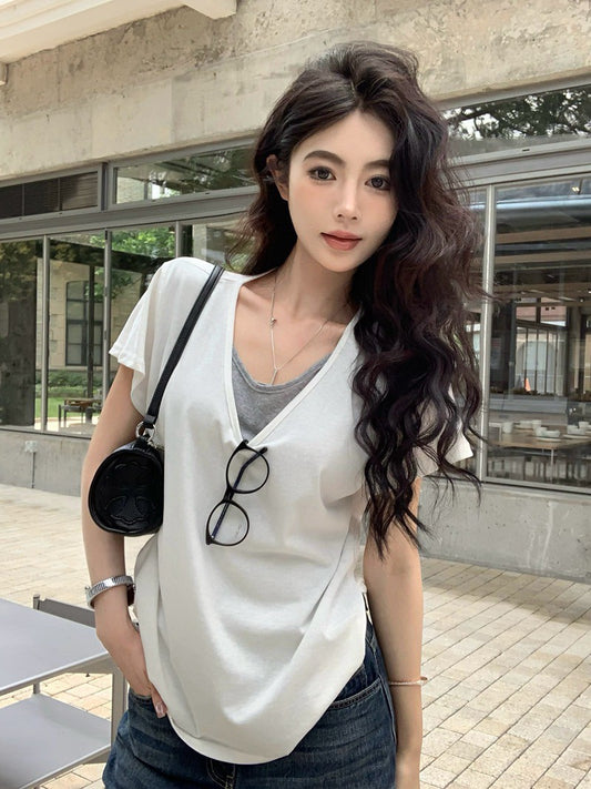 NA+ 寬鬆假兩件慵懶雪花棉T恤 白/灰