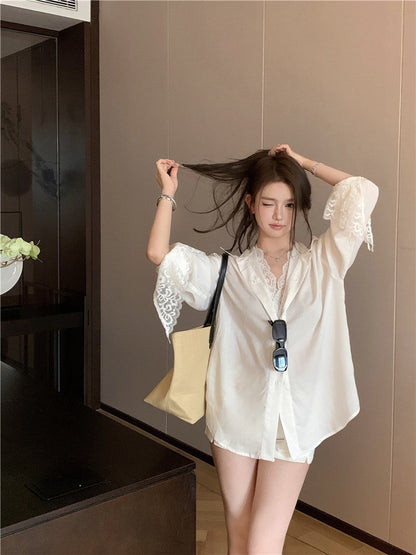 NA+ 純色蕾絲百搭夾兩件拼接襯衫