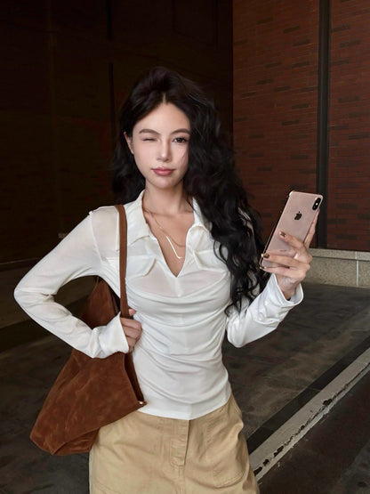 NA+ 職風休閒假兩件疊穿polo領正肩修身上衣 白/黑