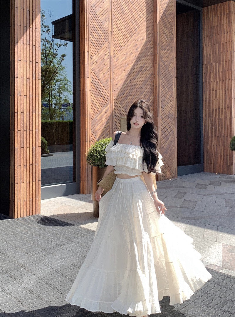 NA+ 清邁渡假 中古娃娃宮廷一字領上衣/大裙擺半身裙