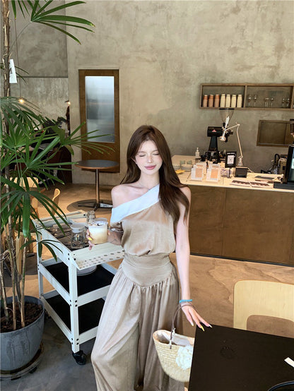 NA+ 乖巧西西里香檳色拼色上衣 高腰闊腿褲