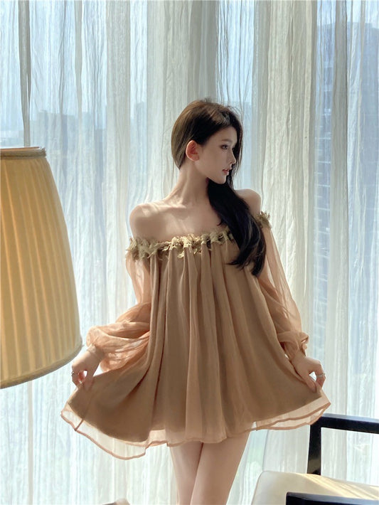 Na+ 古早氣質liz一字領飄飄連衣裙