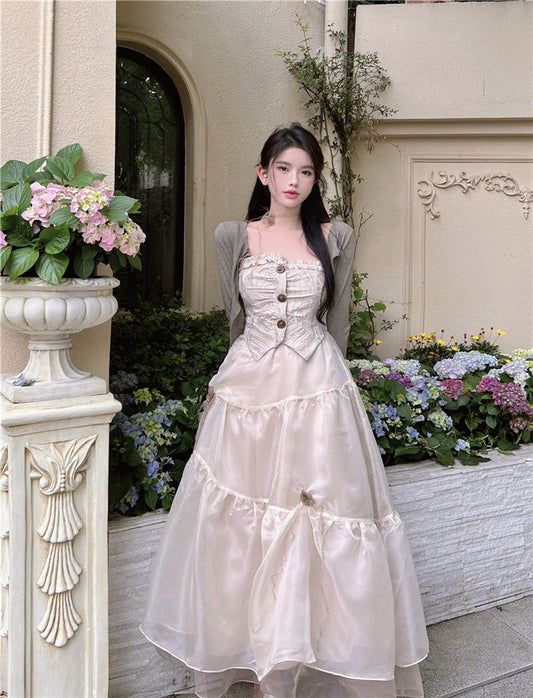 NA+ 城堡區公主排扣抹胸拼接高級洋裝 卡其罩衫