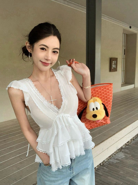 NA+ 甜品少女低V領雪紡蛋糕上衣 白