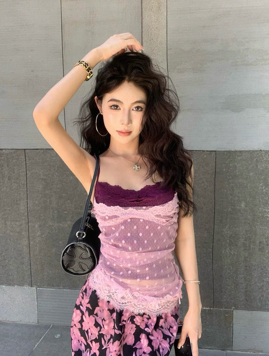 NA+ 渡假蕾絲雙層吊帶 復古印花半身裙 紫