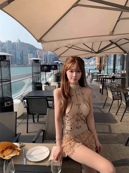 NA+奶茶甜心繫帶綁帶背心 蛋糕花苞褲