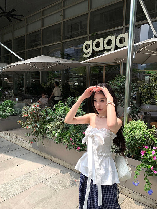 NA+ 甜辣蝴蝶機綁帶收腰抹胸 格紋鬆緊休閒褲