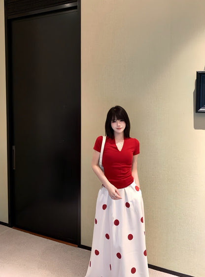 Na+ Redshow 復古V領收腰上衣 波點半身裙