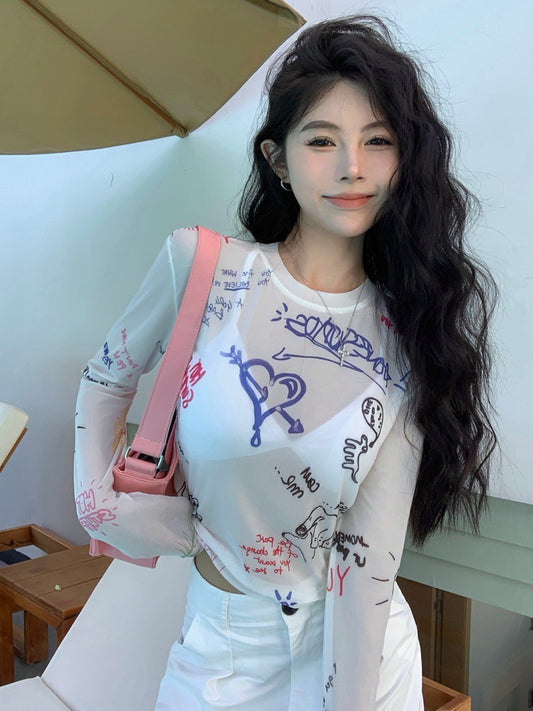 NA+ 炸街QQ手繪塗鴉防曬透視上衣