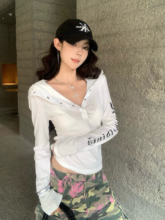 NA+ 美式印花棉混麻連帽上衣 白/黑