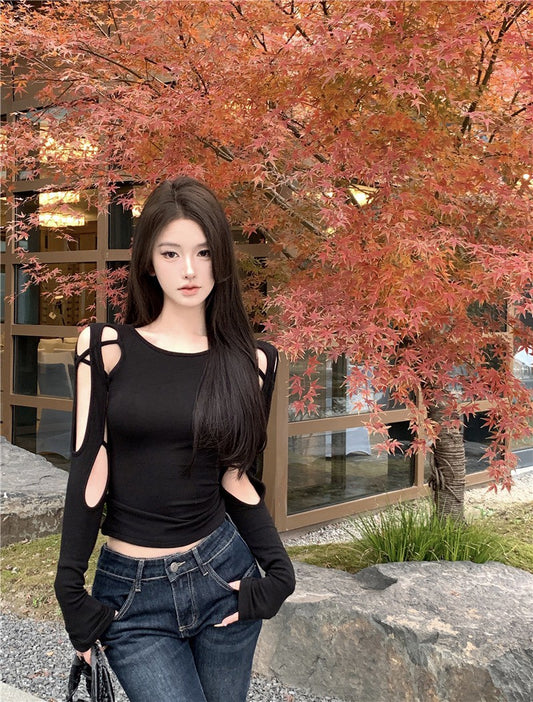 NA+ 性感疊加不規則縷空設計感上衣 黑