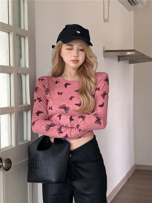 Na+ Lucky蝴蝶印花透視彈力上衣 粉